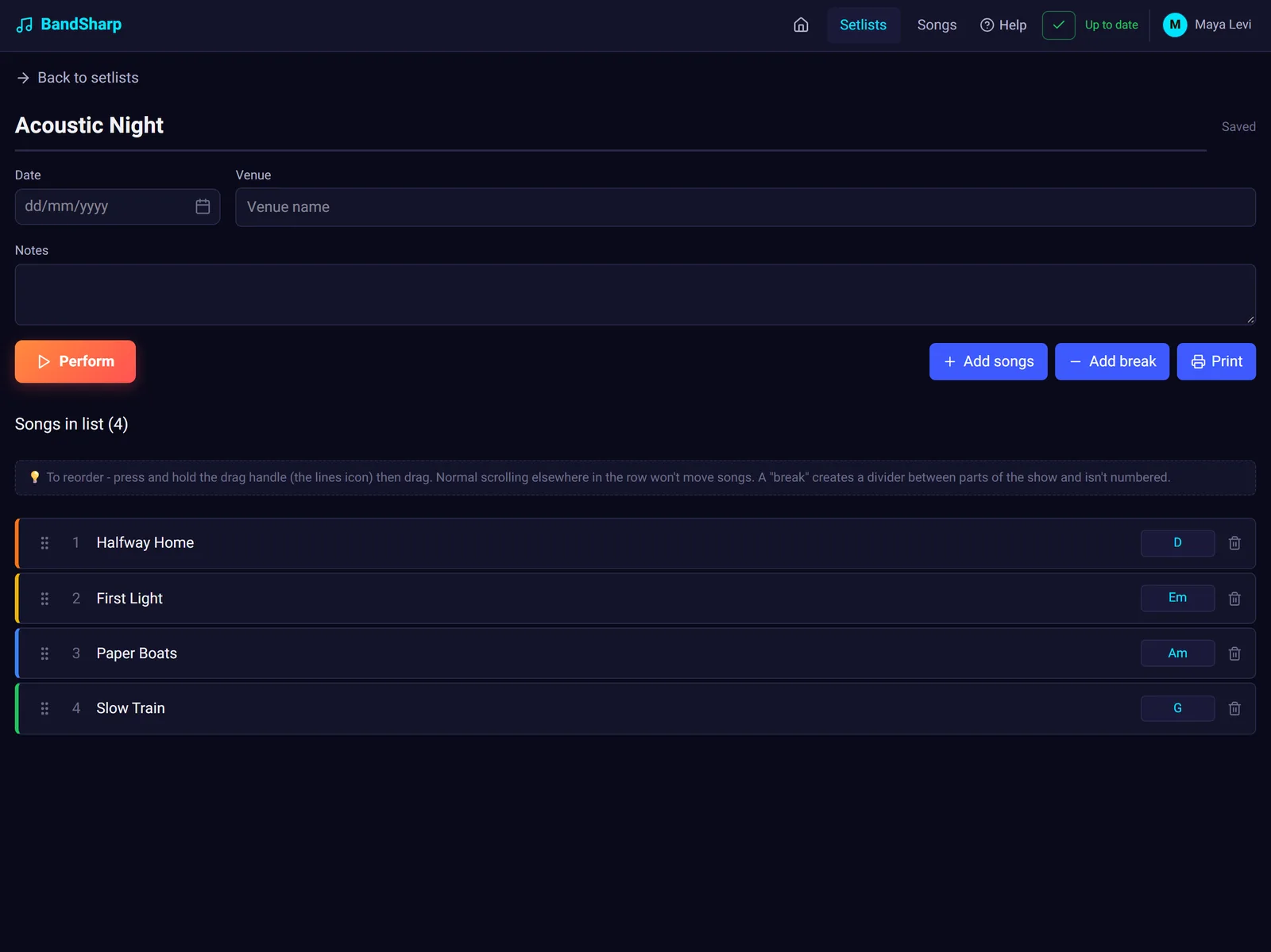 A BandSharp setlist, ready for a gig